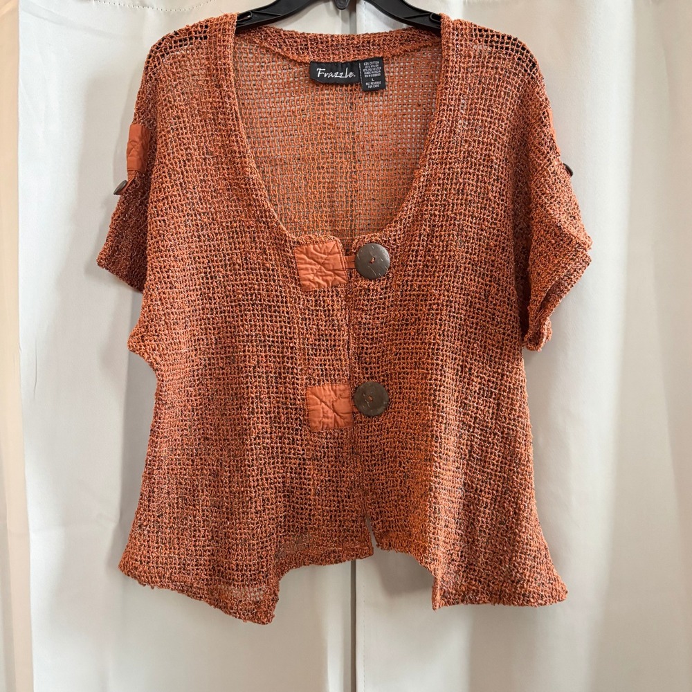 Frazzle Orange Knit Cropped Cardigan Sweater Women L Button Lagenlook Boho 19383
